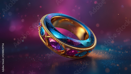 An abstract holographic design with intertwined rings symbolizing eternal love, rendered in vibrant and reflective shades of blue, magenta, and gold