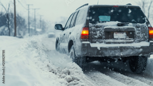 SUV skidding through snowbank on snowy road