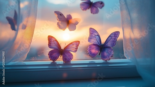 Sunset butterflies window sill peace. Ideal for serenity, nature themes photo