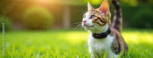 Smart Pet Collar with Cat in Backyard. Perfect for advertising pet health trackers, showcasing safety devices, or promoting smart pet accessories for active lifestyles