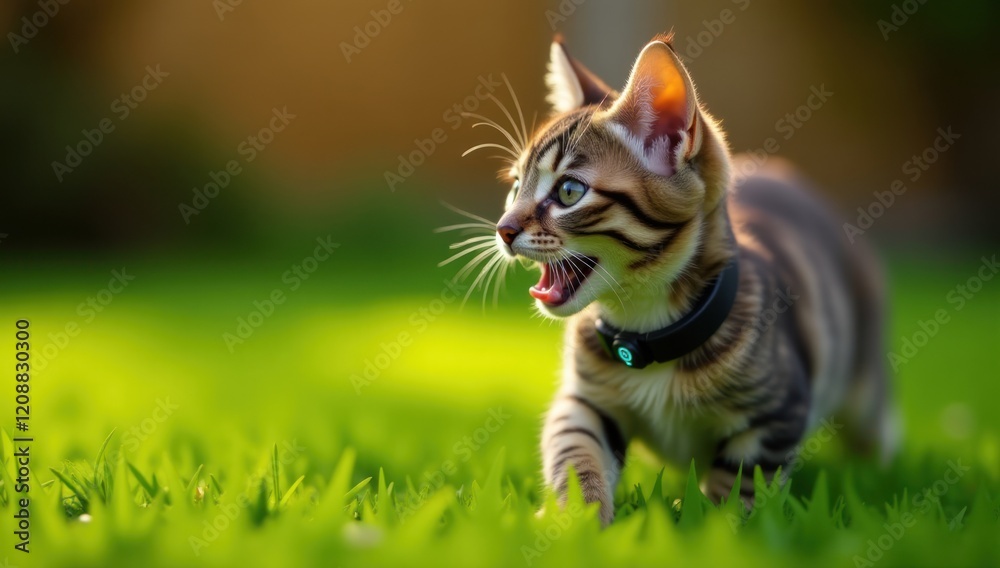 Smart Pet Collar with Cat in Backyard. Perfect for advertising pet health trackers, showcasing safety devices, or promoting smart pet accessories for active lifestyles Smart Pet Collar with Cat in Backyard. Perfect for advertising pet health trackers, showcasing safety devices, or promoting smart pet accessories for active lifestyles