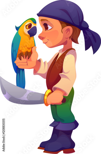 Kid pirate with parrot or boy in corsair party costume, vector cartoon character. Funny kid pirate or corsair and boatswain costume with sailor bandana, sword saber and Caribbean parrot on hand