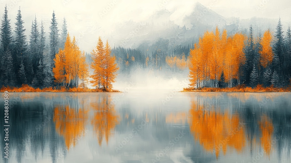 Obraz premium Autumn reflections of golden trees on a serene lake misty mountains in background nature photography tranquil environment