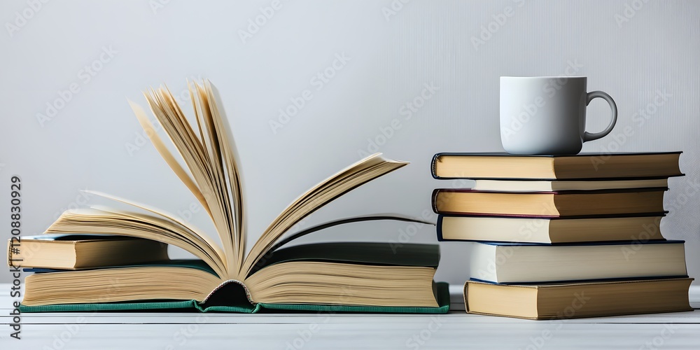 Naklejka premium A minimalist composition featuring an open laptop, stack of books, and coffee mug on a table with a white background. The aesthetic is clean and modern