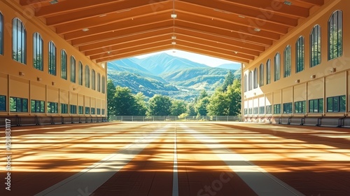 Bright and Spacious Indoor Sports Facility with Stunning Mountain Views and Natural Light Filtering Through Large Windows