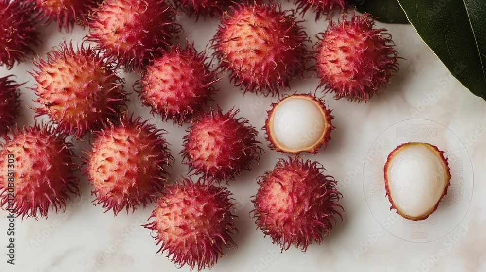 Red rambutans, peeled segments, marble background. Red rambutans, peeled segments, marble background.