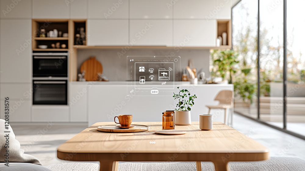 Modern kitchen with smart home interface on wooden table Modern kitchen with smart home interface on wooden table