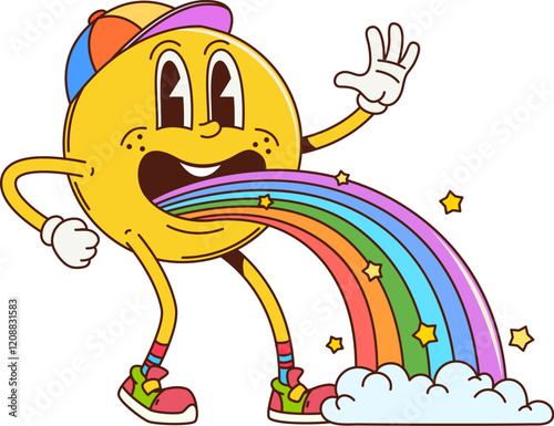 Cartoon retro groovy smile emoji character in colorful cap and playful hippie sneakers joyfully releasing a multicolored rainbow with stars, embodies happiness and vibrant energy, fun and imagination