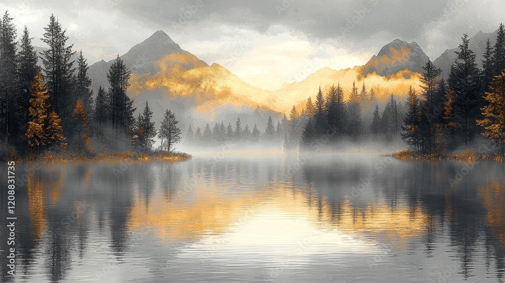 Fototapeta premium Misty lake reflection mountain landscape nature photography tranquil environment scenic viewpoint serenity concept