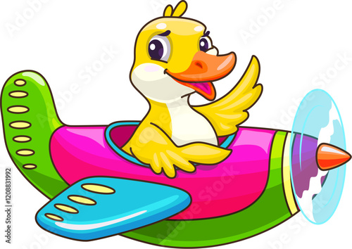 Baby duck pilot on plane, cartoon animal character, vector funny personage for kids. Happy duck pilot flying in colorful propeller airplane and waving Hi or Goodbye for kids zoo animals on planes photo