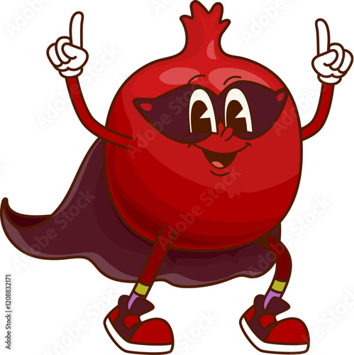 Cartoon groovy garnet superhero character in cape and mask. Vector funky pomegranate defender. Powerful super hero vitamin fruit, brave plant, cheerful fairytale healthy food retro y2k personage