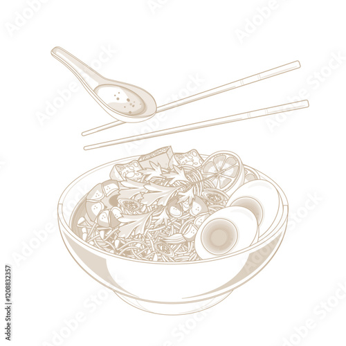 Vector Illustration Logo Line art Ready to Eat Laksa Curry noodles Asian Food
