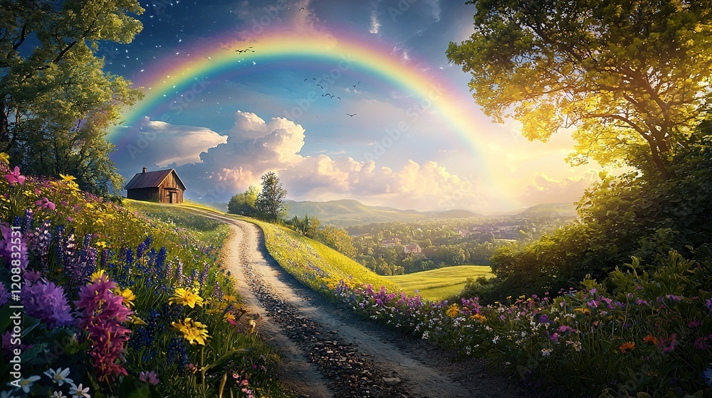 Obraz premium Rainbow Over Cottage & Wildflowers