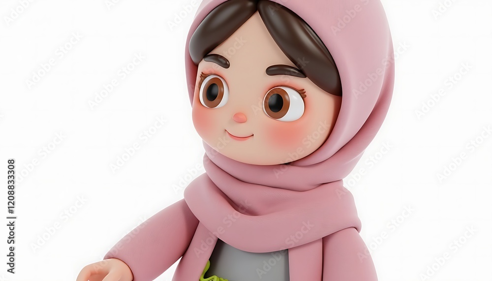 Adorable 3D Rendered Girl in Pink Hijab: Sweet, Gentle Cartoon Style Adorable 3D Rendered Girl in Pink Hijab: Sweet, Gentle Cartoon Style