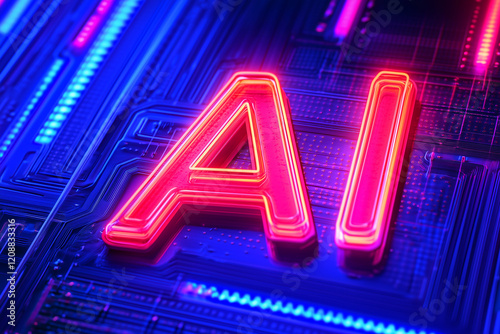 Close-up of AI word on a circuit board theme background, neon glowing technology bright colours for AI or Generative AI concept, futuristic