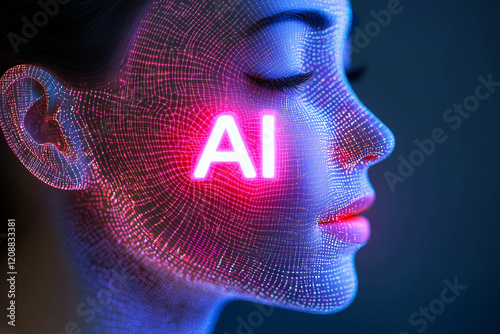 Close-up of a human face a data wire mesh representing people augmented by artificial intelligence, a futuristic and AI concept, the AI word glowing on her cheek