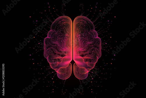 Illustration of a human brain connected by dots and lines representing artificial intelligence concept enhancing the human brain power in a futuristic sleek style against a dark background