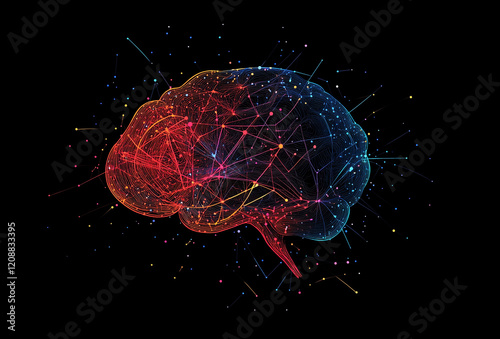 Illustration of a human brain made of glowing dots and lines representing artificial intelligence concept, data, neural networks and deep learning in a futuristic style against a dark background