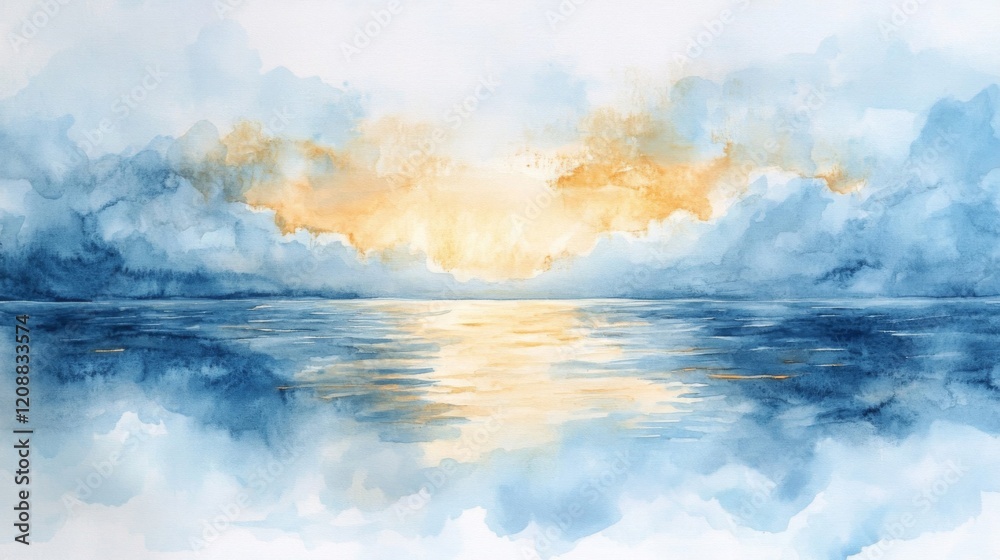 Obraz premium Serene Watercolor Seascape Sunset Cloudscape