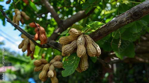 Branches of a tree heavy with peanuts, captured in a garden with a clear sky above