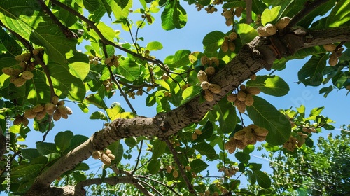 Branches of a tree heavy with peanuts, captured in a garden with a clear sky above