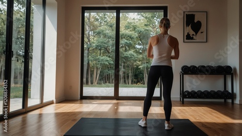 Woman practicing yoga in a modern home gym surrounded by nature during daylight Free Download Woman practicing yoga in a modern home gym surrounded by nature during daylight - GFXLoad
