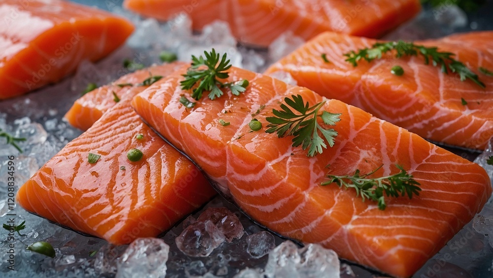 Fresh Salmon Fillets on Ice with Herb Garnish - High-Quality Close-Up Fresh Salmon Fillets on Ice with Herb Garnish - High-Quality Close-Up