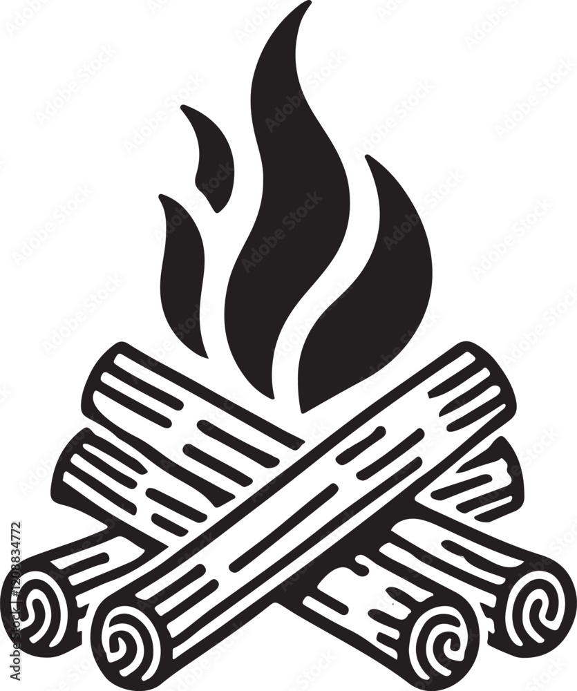 Obraz premium Silhouette vector of a campfire with logs, perfect for outdoor adventure designs, camping themes, wilderness survival, bonfire concepts, and cozy branding projects.