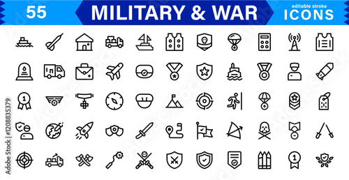War and Military Icons. Vector Set of Weaponry, Soldiers, and Battle Equipment for Graphic Projects