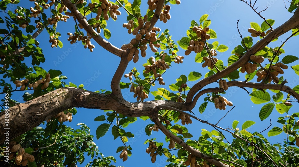 Peanut tree in plantation, branches filled with peanuts, clear sky above Peanut tree in plantation, branches filled with peanuts, clear sky above
