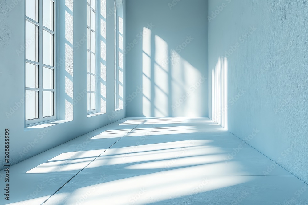 3D rendering of empty room with white walls and light from a window, abstract futuristic background for product presentation. 3D rendering of empty room with white walls and light from a window, abstract futuristic background for product presentation.