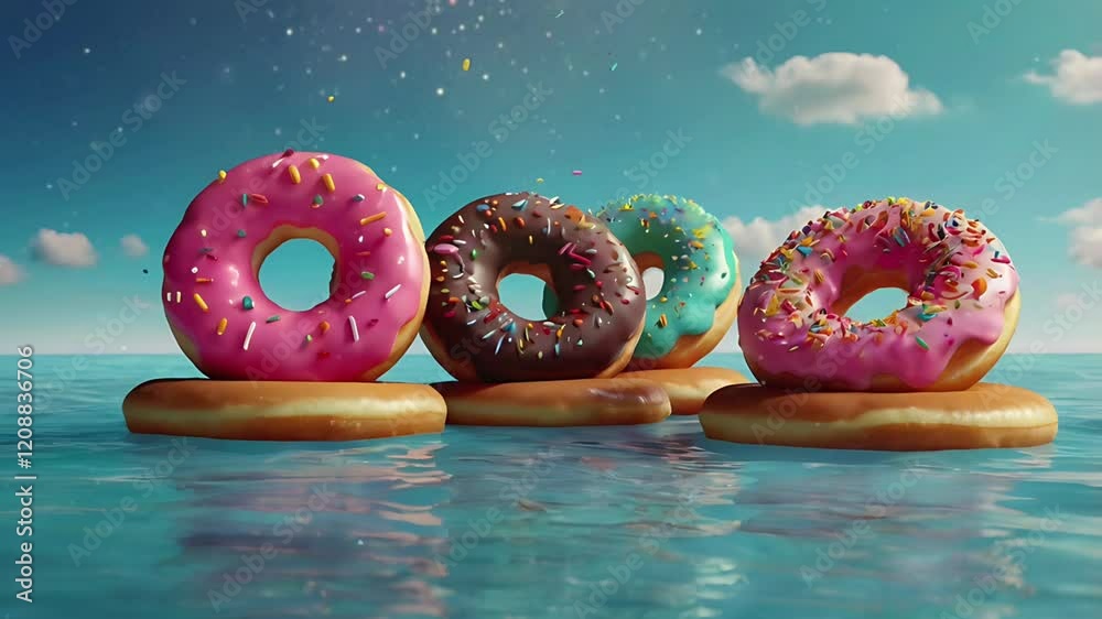 Some donuts with delicious cream and sprinkles. Seamless 4K looping timelapse video animation background