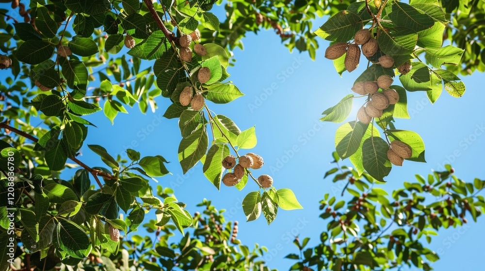 Fototapeta premium Close view of tree branches with peanuts, clear sky overhead in a garden