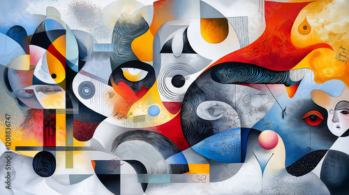 A chaotic and disorienting painting that explores the subconscious mind, with surreal images and hidden messages