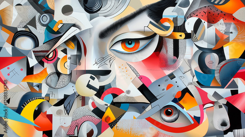 A chaotic and disorienting painting that explores the subconscious mind, with surreal images and hidden messages photo