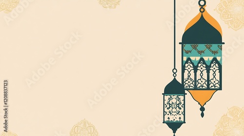 Elegant Islamic Lanterns Hanging Decoratively Against Beige Background photo