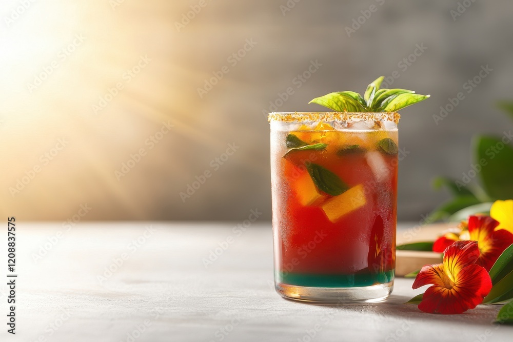 Fototapeta premium Vibrant colorful cocktail with tropical flowers under golden sunset light refreshing drink relaxing atmosphere