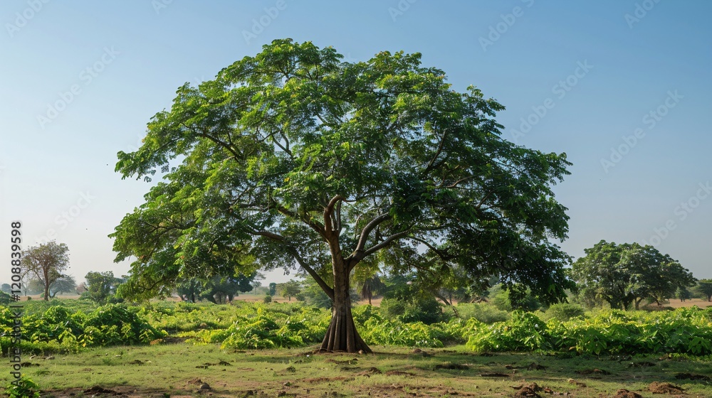 Obraz premium Peanut-laden tree in a plantation area, clear sky visible