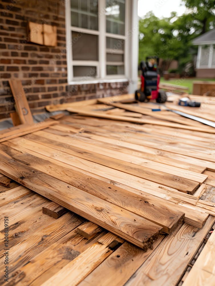 A wooden deck under construction, featuring planks laid out on the ground with tools nearby, set in a residential area. A wooden deck under construction, featuring planks laid out on the ground with tools nearby, set in a residential area.