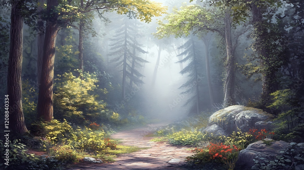 Fototapeta premium A Foggy Forest Path Through Tall Trees with Sunlight Streaming In