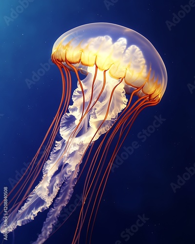 Majestic jellyfish underwater, showcasing its translucent bell and flowing tentacles against a deep blue backdrop. photo