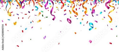Background of colorful ribbons and confetti on white background.