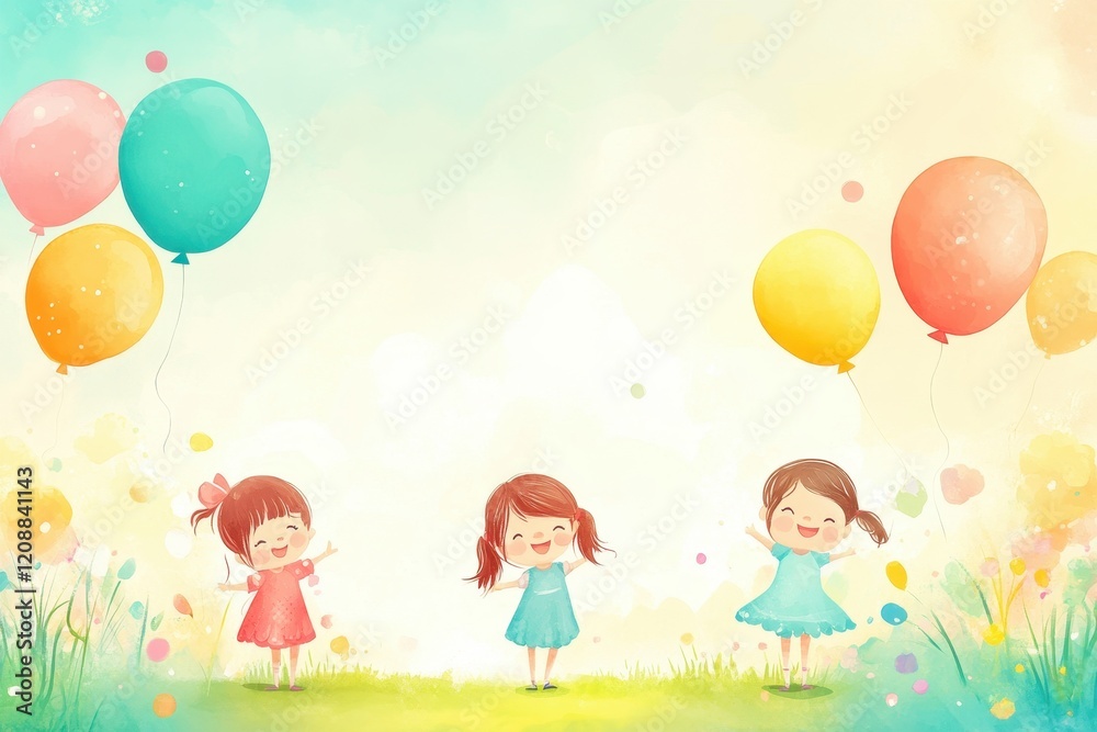 Three girls joyfully play in a field with colorful balloons. Perfect for children's books, cards, or websites needing a cheerful, playful vibe. Three girls joyfully play in a field with colorful balloons. Perfect for children's books, cards, or websites needing a cheerful, playful vibe.