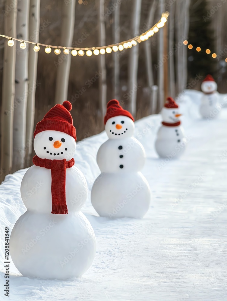 Fototapeta premium Snowmen wearing red hats and scarves line a snowy path, adorned with string lights, creating a festive winter atmosphere.