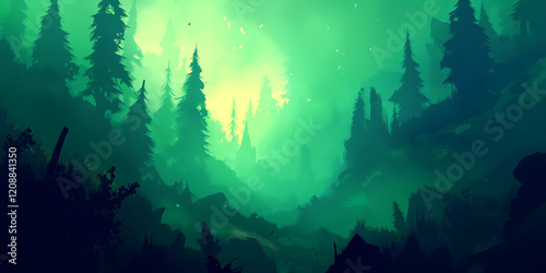 Tranquil Forest Gradient, Abstract Minimalist Nature Scene with Soft Sunlight for Web & Print Design