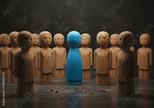 Group of wooden figures with one highlighted blue figure, photographed in a dramatic lighting setup to symbolize individualism in health. Background is dark and moody to emphasize contrast.