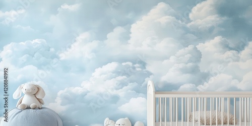 Fresh wallpaper with soft blue skies and fluffy clouds in a tranquil nursery