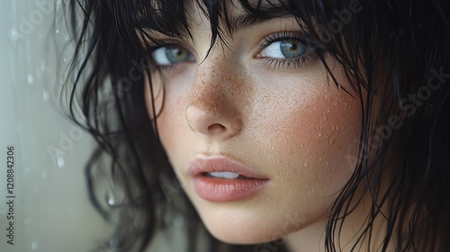 Close-up portrait of a woman with wet hair and water droplets on her skin photo