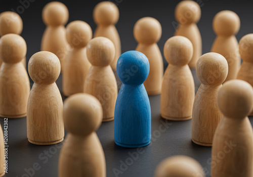 A clear view of wooden figures, with a distinctive blue figure in the center, photographed from a low angle for dramatic effect. The background is dark to create impactful imagery.