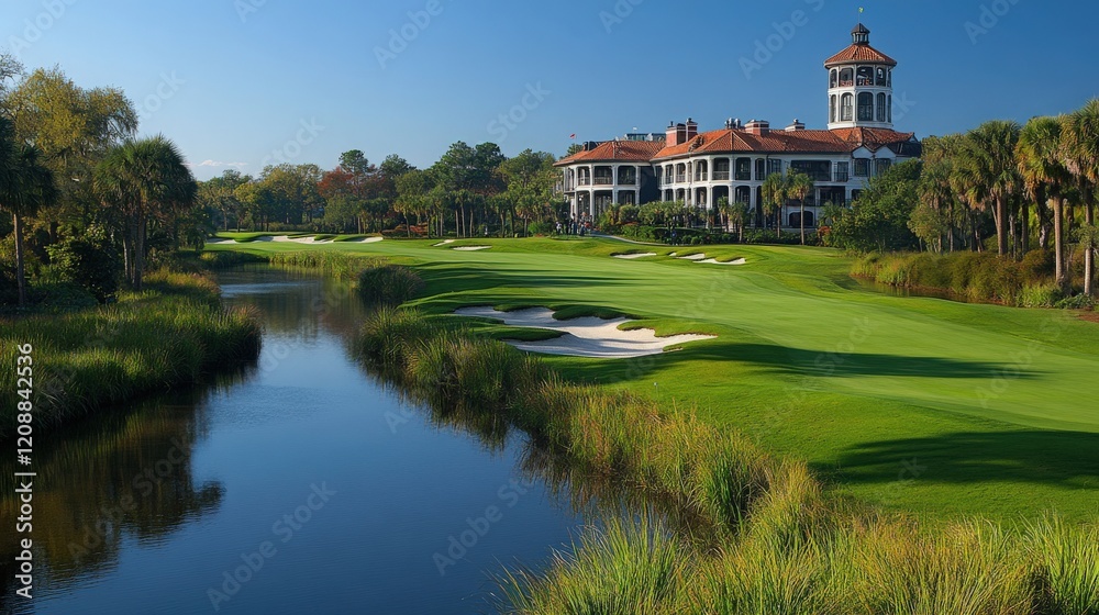 Scenic view of a pristine golf course with lush greenery and a beautiful clubhouse under a clear blue sky, perfect for golf enthusiasts and nature lovers Scenic view of a pristine golf course with lush greenery and a beautiful clubhouse under a clear blue sky, perfect for golf enthusiasts and nature lovers